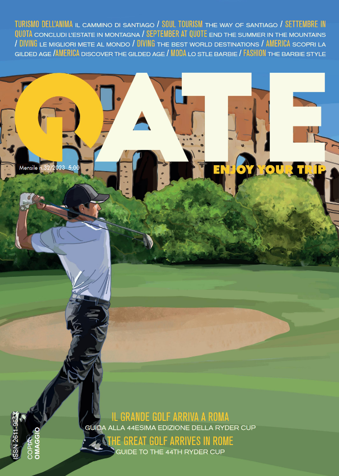 Gate magazine no. 32 cover illustrated by Sakina Zeghloul: a golfer at the end of his swing with the Colosseum in the background, in tribute to the Ryder Cup, 2023